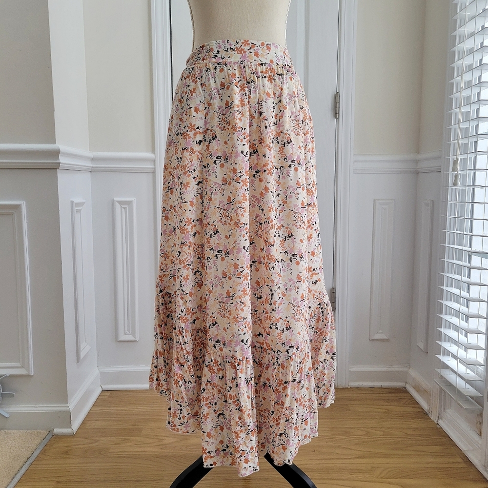 Free People Daze Floral‎ Boho Maxi Skirt Smocked Waist High Low Sides Size S